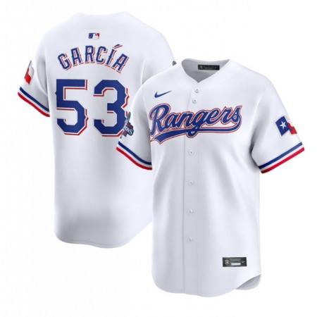 Men's Texas Rangers #53 Adolis Garcia White 2023 World Series Champions Stitched Baseball Jersey