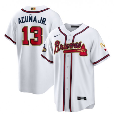 Youth Atlanta Braves #13 Ronald Acuna Jr 2022 White/Gold World Series Champions Program Cool Base Stitched Jersey